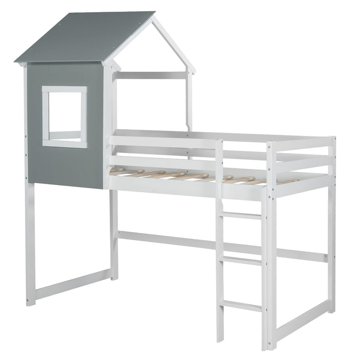 Twin Size Loft Bed with Roof, House Bed, Gray and White