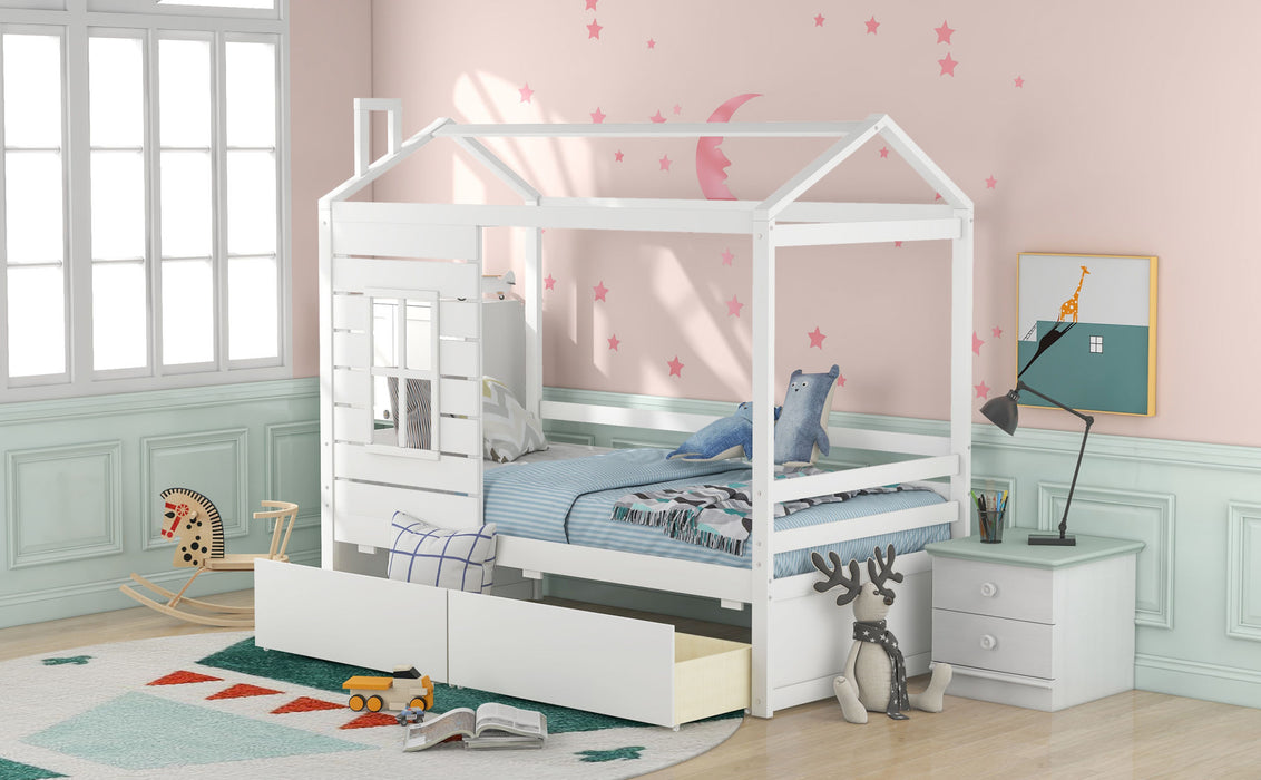 Twin Size House Bed Wood Bed with Two Drawers