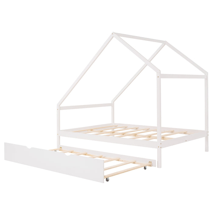 New Space Full Size Wooden House Bed With Twin Size Trundle