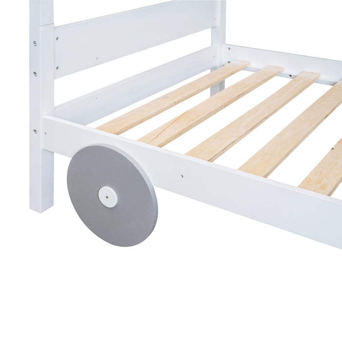 New Space Twin Size Car-Shaped Convertible Bunk Bed, White