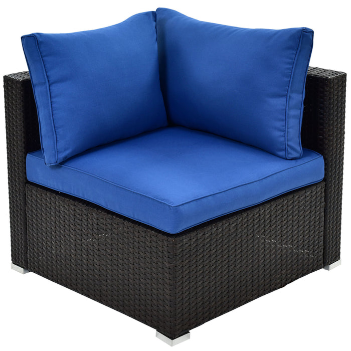 6PCS Outdoor Patio Sectional All Weather PE Wicker Rattan Sofa Set with Glass Table, Blue Cushion+ Brown Wicker