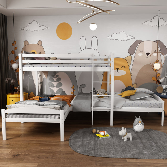Twin over Twin over Twin Bed L-shaped Bunk Bed, Pine Wood Bed Frame