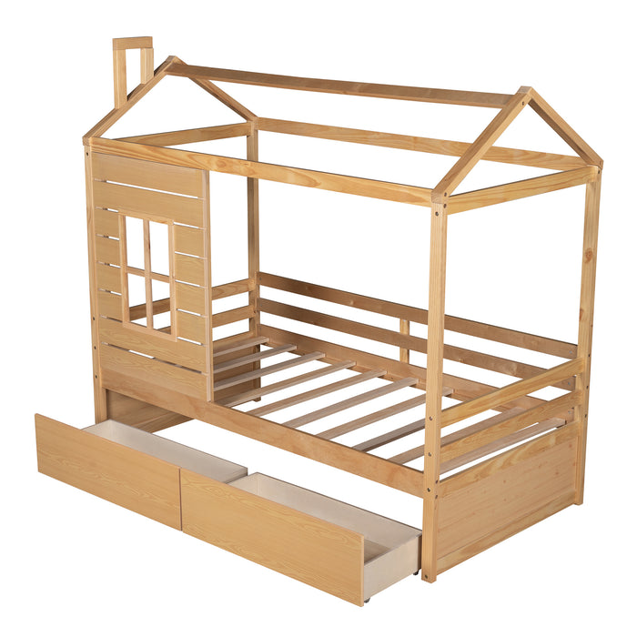 Twin Size House Bed Wood Bed with Two Drawers