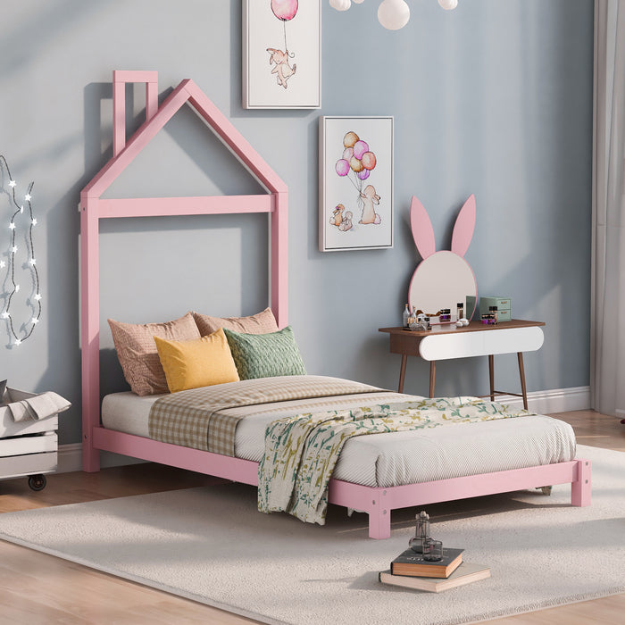 Twin Size Wood Platform Bed with House-shaped Headboard