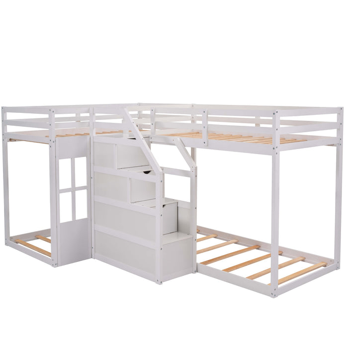 Twin over Twin L-Shaped Bunk Bed with Built-in Middle Staircase