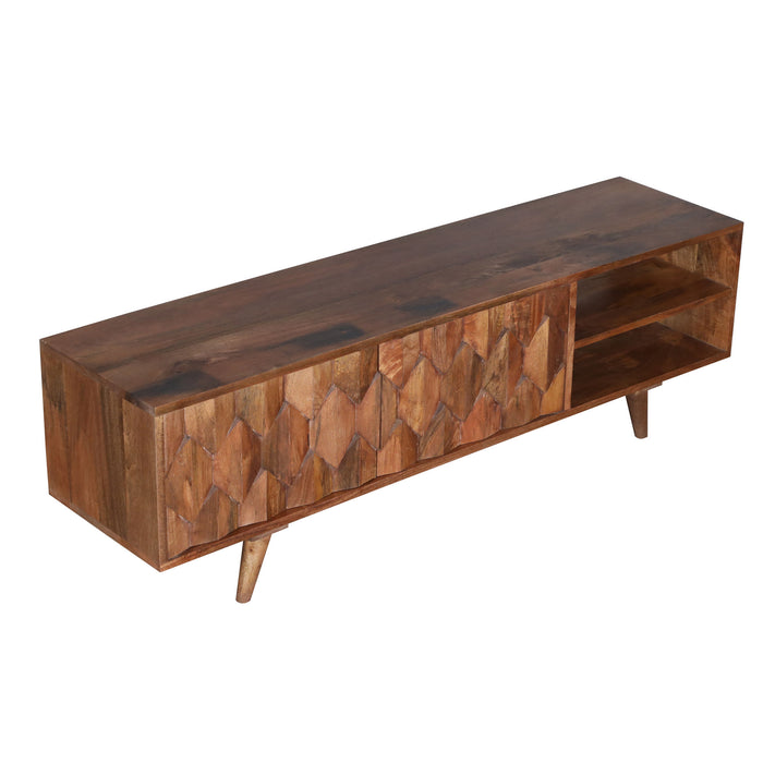 DunaWest Ero 57 Inch Mango Wood Media Console TV Cabinet, 2 Honeycomb Inlaid Doors, Natural Brown
