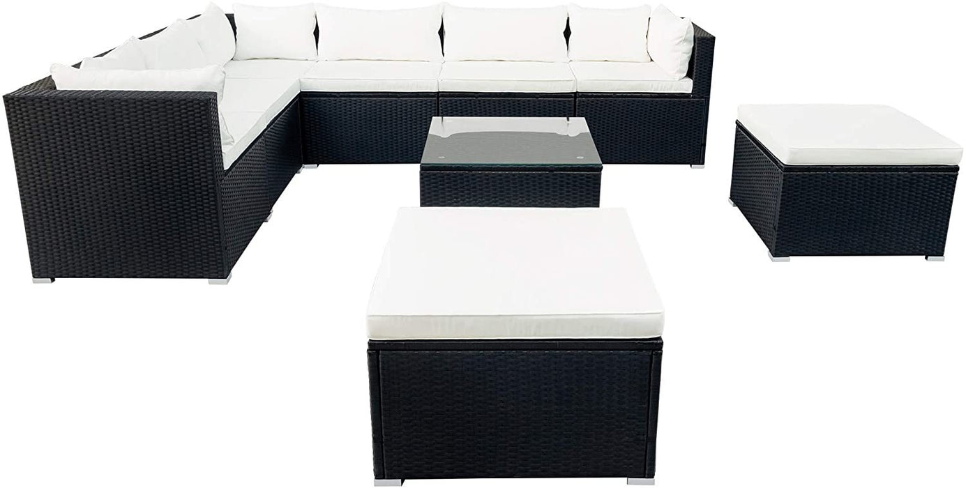 9-piece Outdoor Patio PE Wicker Rattan conversation Sectional Sofa sets with 3 sofa, 3 corner sofa, 2 ottomans, and 1 glass coffee table, removable soft cushions