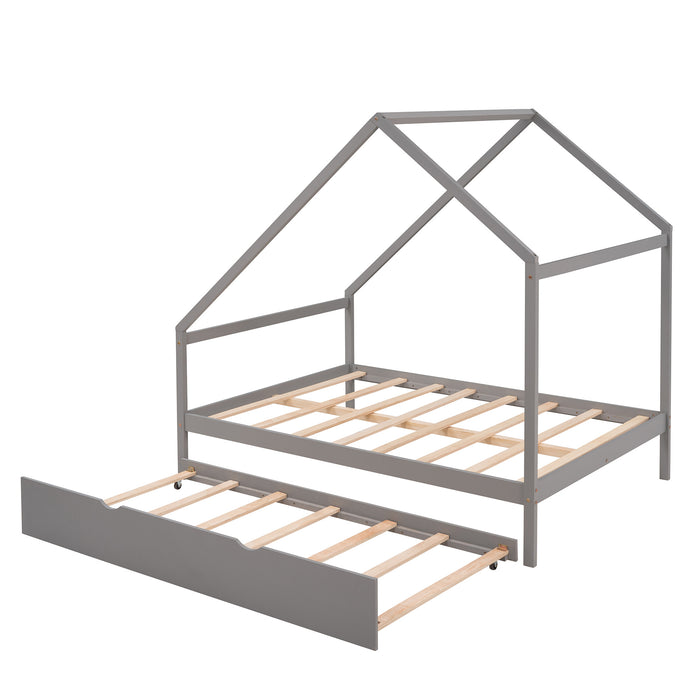 New Space Full Size Wooden House Bed With Twin Size Trundle