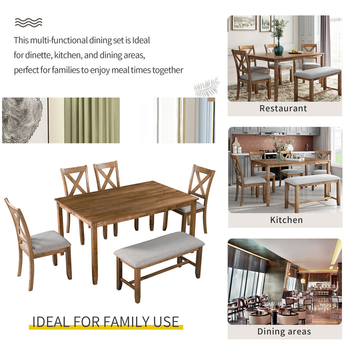 6-Piece Kitchen Dining Table Set Wooden Rectangular Dining Table, 4 Fabric Chairs and Bench Family Furniture