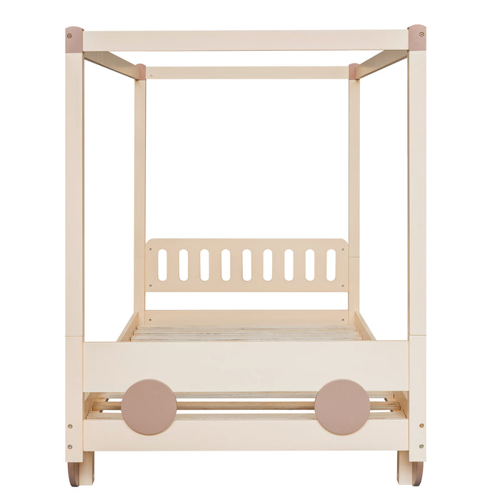 New Space Natural Twin Size Canopy Car-Shaped Platform Bed