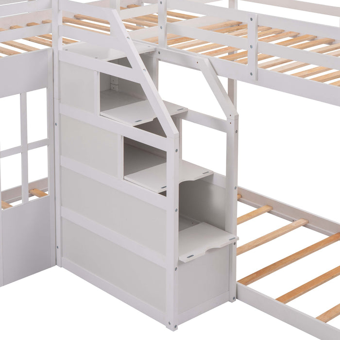 Twin over Twin L-Shaped Bunk Bed with Built-in Middle Staircase