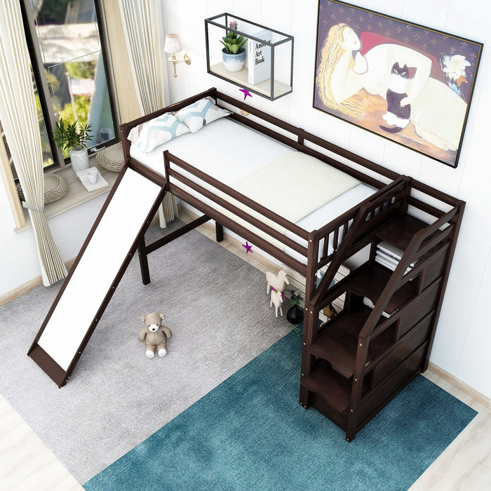 Twin Size Loft Bed with Storage and Slide, Espresso