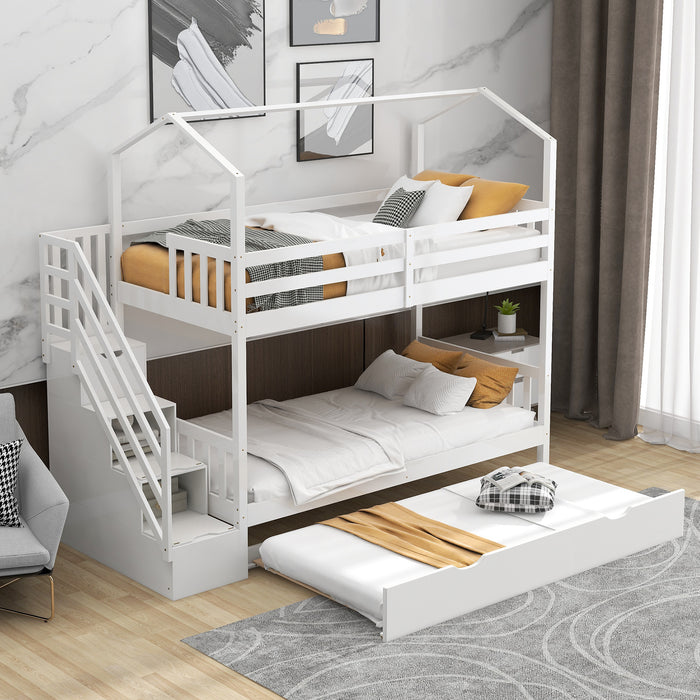 Good Life Twin over Twin House Bunk Bed with Staircase and Storage Space