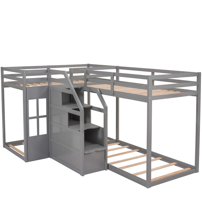 Twin over Twin L-Shaped Bunk Bed with Built-in Middle Staircase
