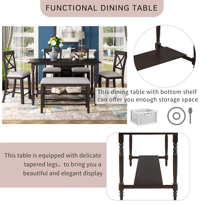 6-Pieces Counter Height Dining Table Set Table with Shelf 4 Chairs and Bench for Dining Room