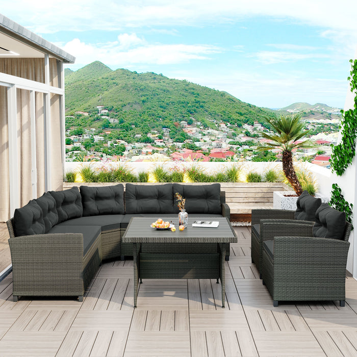 6-Piece Outdoor Wicker Sofa Set, Patio Rattan Dinning Set, Sectional Sofa with Thick Cushions and Pillows, Plywood Table Top, For Garden, Yard, Deck. (Gray Wicker, Beige Cushion)