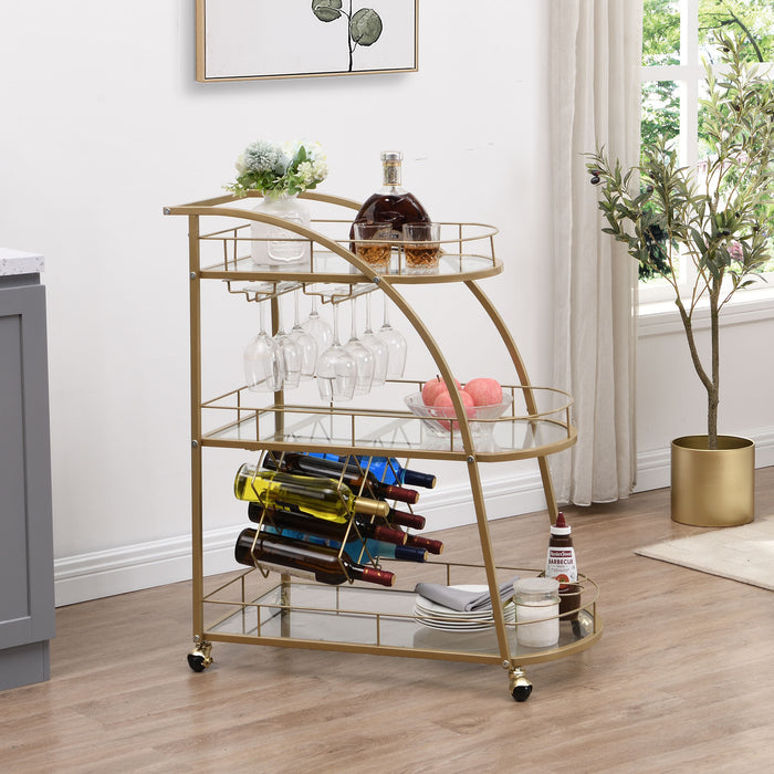 Golden Mobile Bar Serving Cart with Wine Rack and Glass Holder, 3-tier Shelves, Metal Frame and Temper Glass
