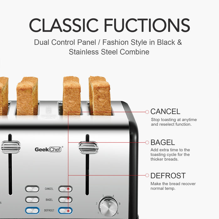 Toaster 4 Slice, Geek Chef Stainless Steel Extra-Wide Slot Toaster with Dual Control Panels of Bagel/Defrost/Cancel Function, 6 Toasting Bread Shade Settings.  YJ