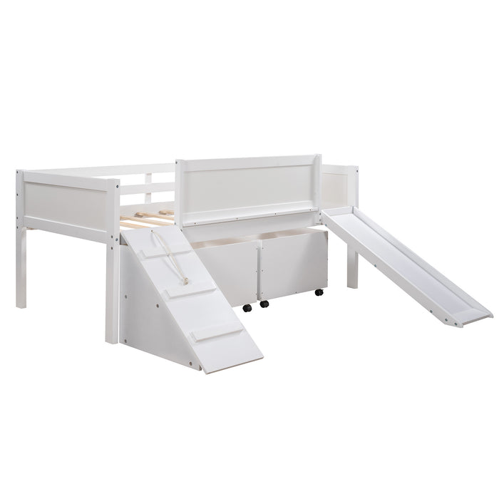 New Space Twin size Low Loft Bed Wooden Bed with Two Storage Boxes