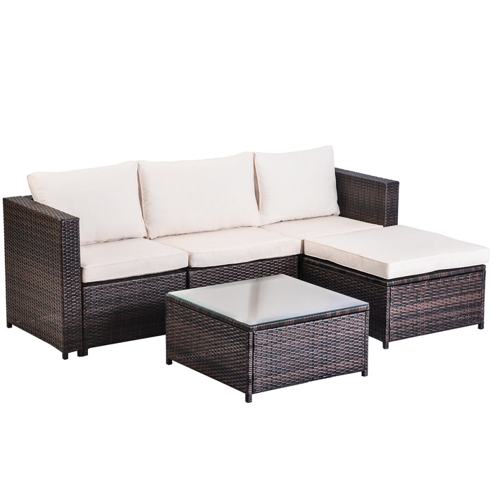 5 Pieces All-Weather Outdoor Sectional Rattan Sofa Wicker Patio Conversation Set with Glass Table and Thick Cushion