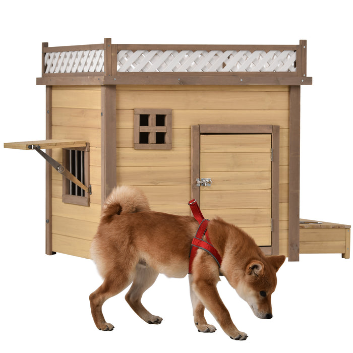 Wooden Dog House Puppy Shelter Kennel Outdoor & Indoor Dog crate, with Flower Stand, Plant Stand, With Wood Feeder