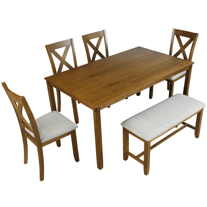 6-Piece Kitchen Dining Table Set Wooden Rectangular Dining Table, 4 Dining Chairs and Bench Family Furniture for 6 People