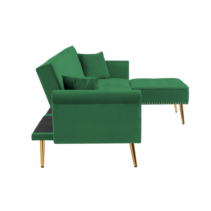 Modern Velvet Upholstered Reversible Sectional Sofa Bed , L-Shaped Couch with Movable Ottoman and Nailhead Trim For Living Room. (Green)
