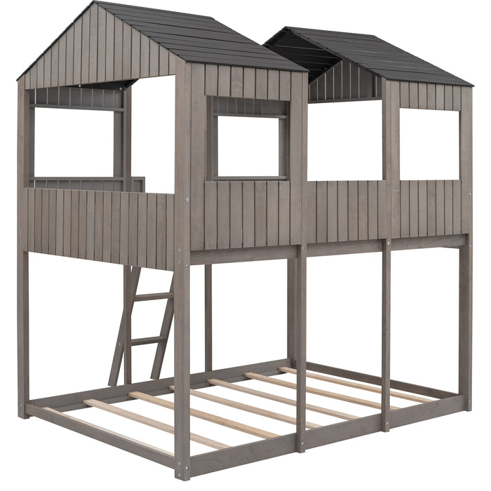 New Space Full Over Full Wood Bunk Bed with Roof Window