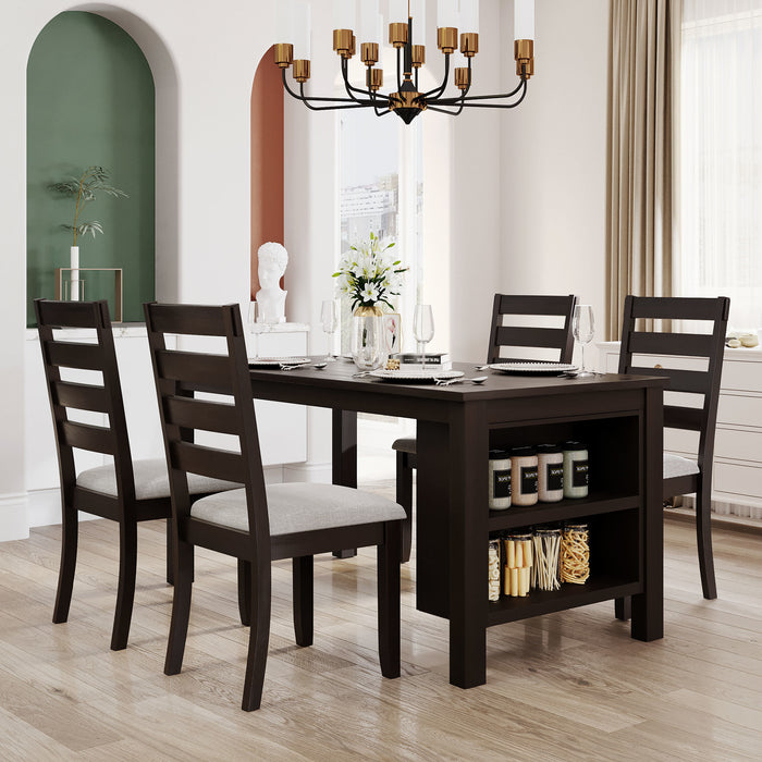 Farmhouse Wood 5-Piece Dining Table Set with 2-Tier Storage Shelves,Kitchen Set for 4 with Padded Dining Chairs