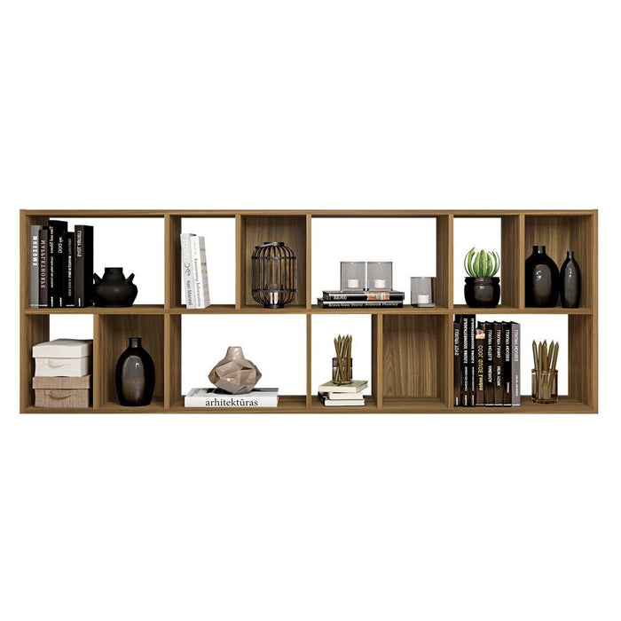 DunaWest Valerie 70 Inch Wooden Bookcase with 10 Shelves and Grains, Honey Brown