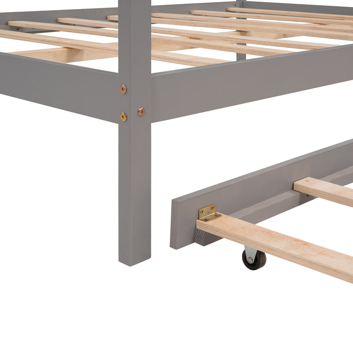 New Space Full Size Wooden House Bed With Twin Size Trundle