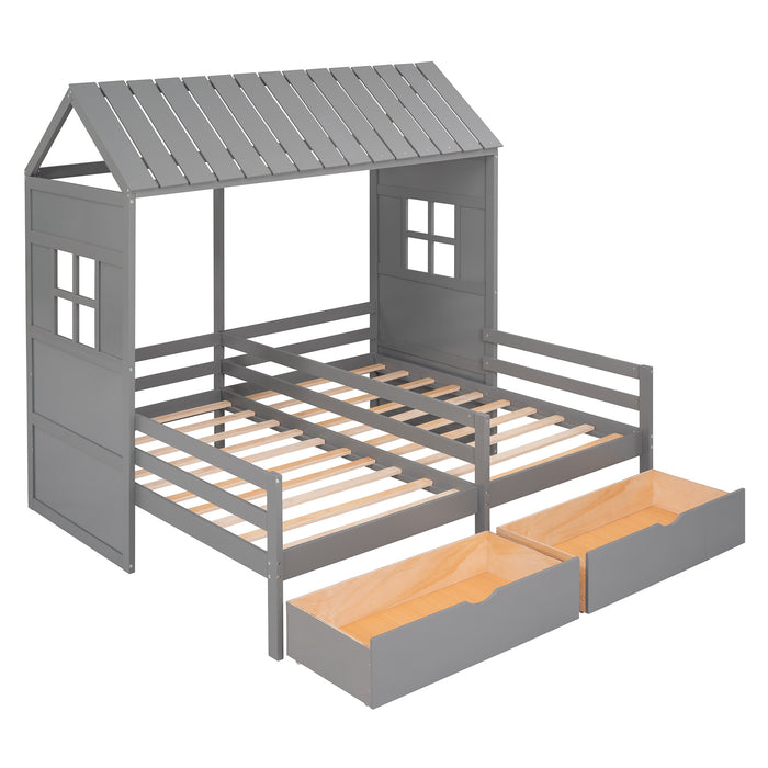 New Space Twin Twin House Bed with 2 Drawers White