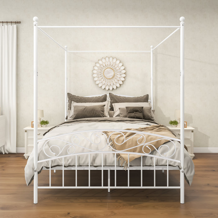 Canopy Bed Frame Queen Size Black Metal 4 Poster Mattress Foundation Modern Post Corner with Headboard for Girls Adults