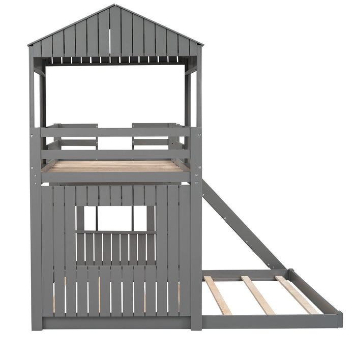 New Space Wooden Twin Over Full Bunk Bed, Loft Bed with Playhouse