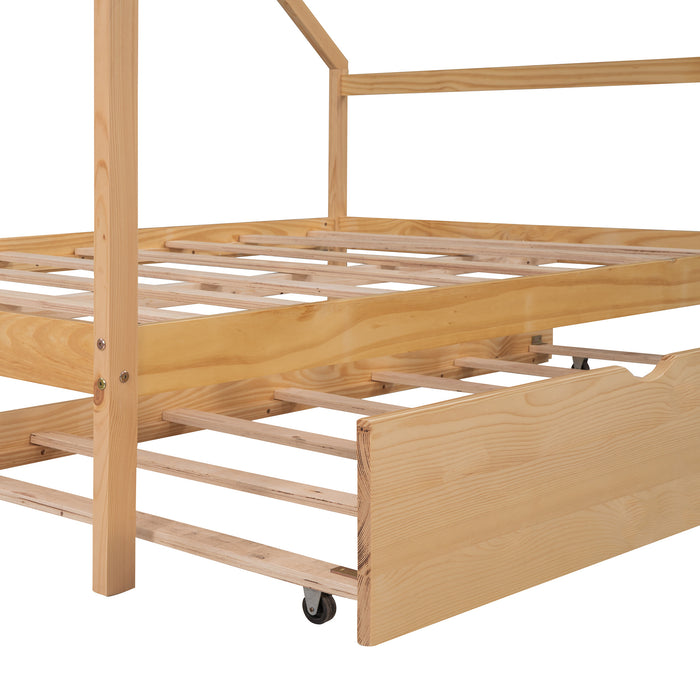 New Space Full Size Wooden House Bed With Twin Size Trundle