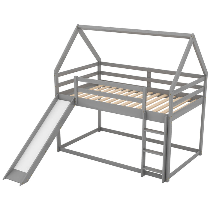 Twin over Twin Low Bunk Bed, House Bed with Ladder , White