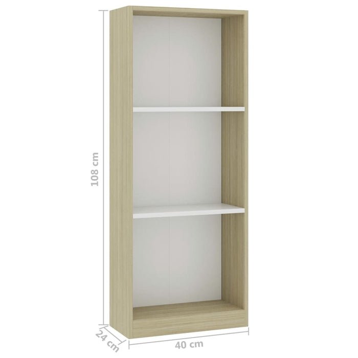 3-Tier Book Cabinet White and Sonoma Oak 15.7"x9.4"x42.5" Chipboard