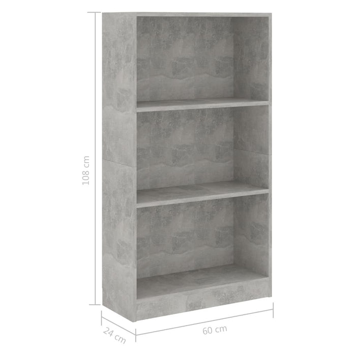 3-Tier Book Cabinet Concrete Gray 23.6"x9.4"x42.5" Chipboard
