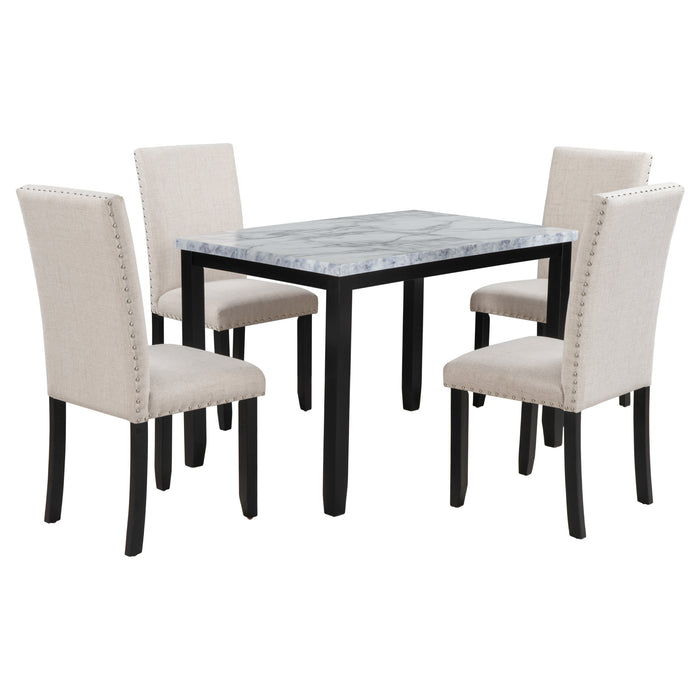 Faux Marble 5-Piece Dining Set Table with 4 Thicken Cushion Dining Chairs