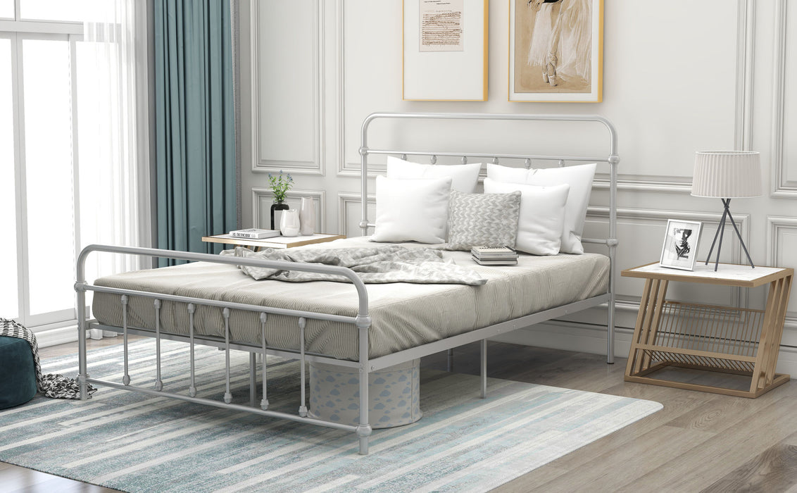 Full Size Metal Platform Bed with Headboard and Footboard, Iron Bed Frame for Bedroom, No Box Spring Needed , Silver