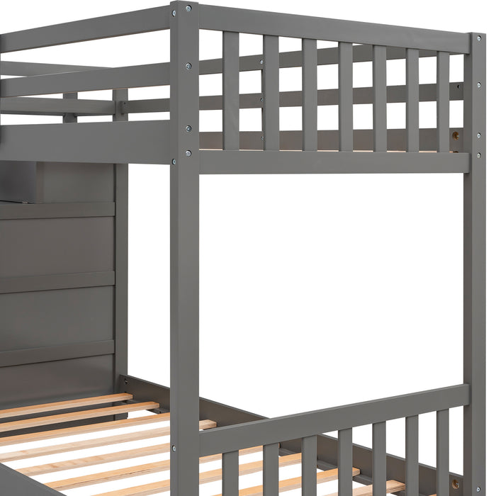 Twin over Twin Double Parallel Bunk Beds with Storage Staircase in the Middle and Full Length Guardrails, Gray