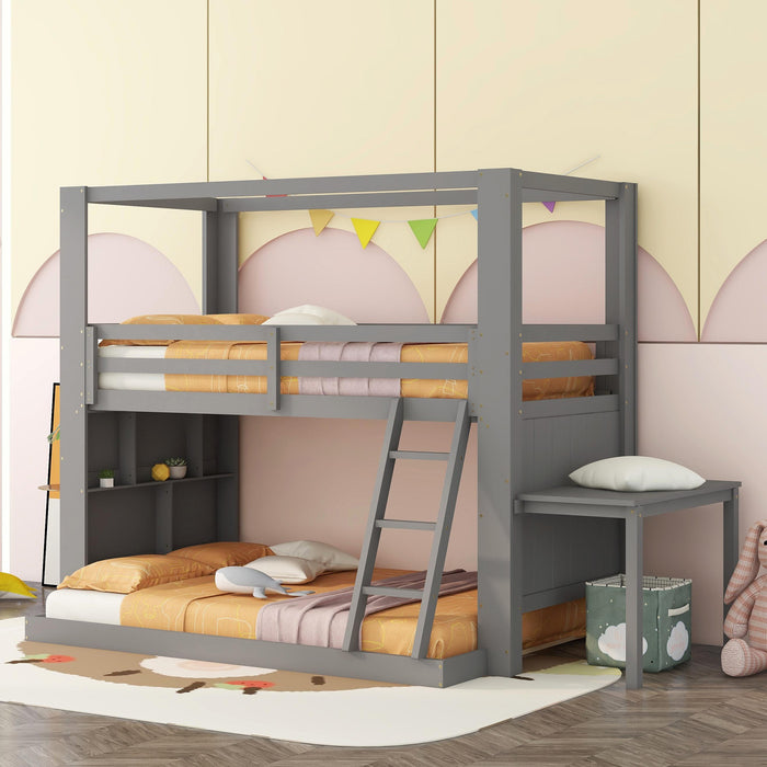 Twin Over Full Bunk Bed with Desk Storage Shelves.Reinforced Structure Bunk Beds Solid Wood Bed Frame for Kids Teens