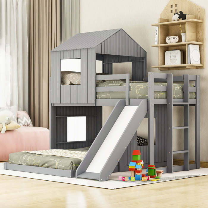 New Space Wooden Twin Over Full Bunk Bed, Loft Bed with Playhouse