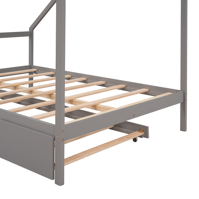 New Space Full Size Wooden House Bed With Twin Size Trundle