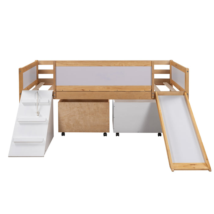 New Space Twin size Low Loft Bed Wooden Bed with Two Storage Boxes