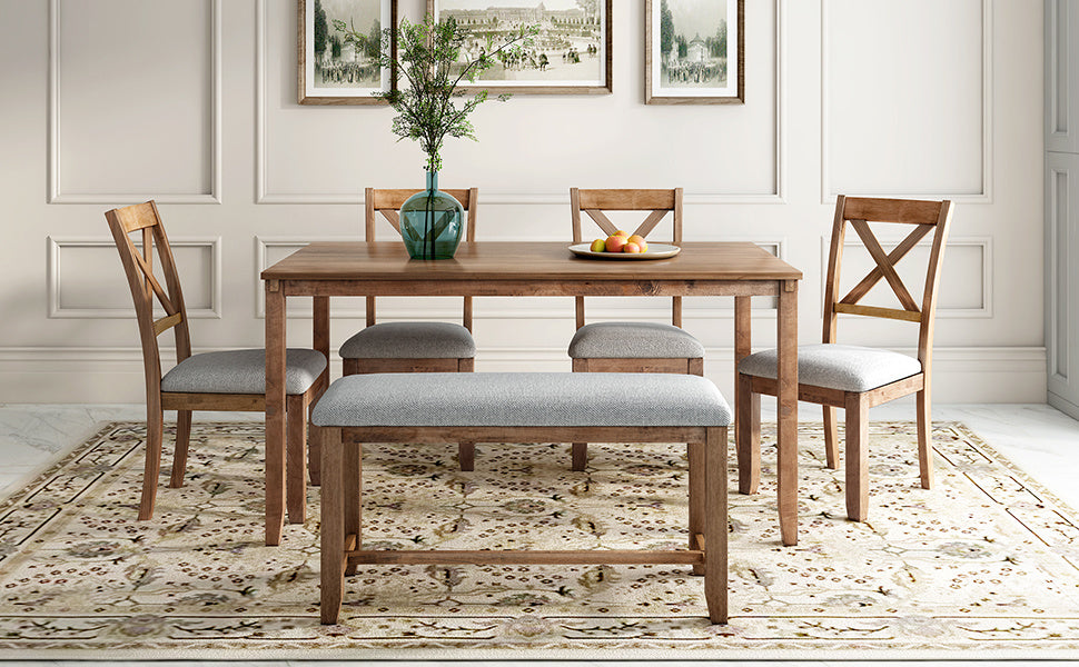6-Piece Kitchen Dining Table Set Wooden Rectangular Dining Table, 4 Fabric Chairs and Bench Family Furniture