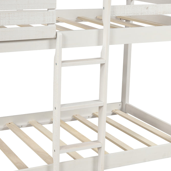 Twin Over Twin Bunk Bed Wood Loft Bed with Roof, Window, Guardrail, Ladder