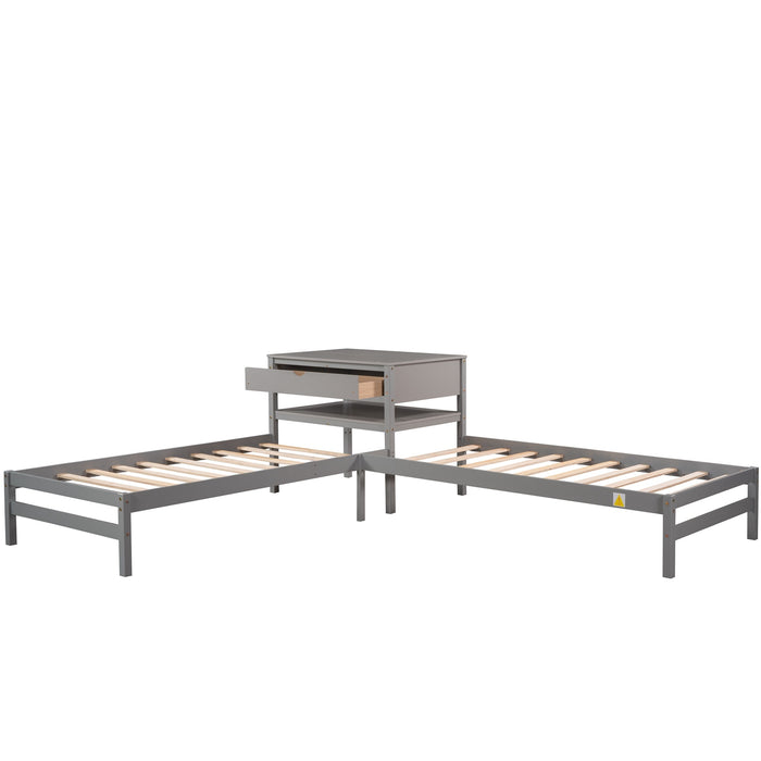 Grenco Twin Size L-Shaped Platform Beds with Drawers