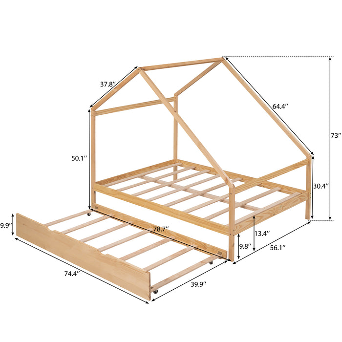 New Space Full Size Wooden House Bed With Twin Size Trundle
