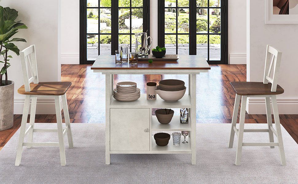 Farmhouse 3-Piece Counter Height Dining Table Set, Wooden Kitchen Table Set with Storage Cabinet and Shelves for Small Places